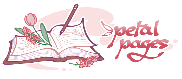 petal pages logo that features an image of an open book with pink hyacinths and tulips.